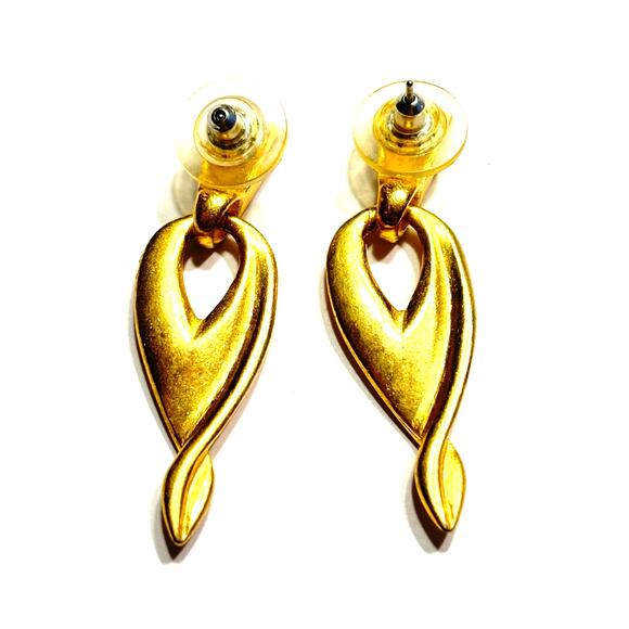 Pierced earrings rich brushed finish gold mod drop dangle doorknocker style - Picture 4 of 5